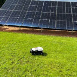 Automatyczna kosiarka na trawniku przed panelami słonecznymi w słoneczny dzień.