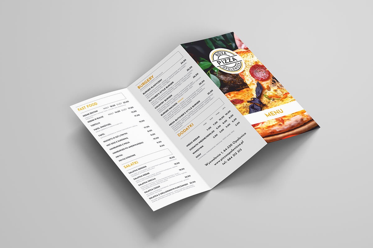 Rozłożona, trójdzielna ulotka menu restauracji Nova Pizza Opalenica, prezentująca ofertę burgerów, fast foodów i sałatek wraz z cenami, z ilustracjami pizzy w tle.