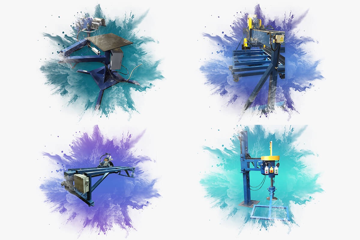 Kompozycja z czterech ujęć maszyn przemysłowych do obróbki metalu, otoczonych kolorowymi wybuchami farb na białym tle.