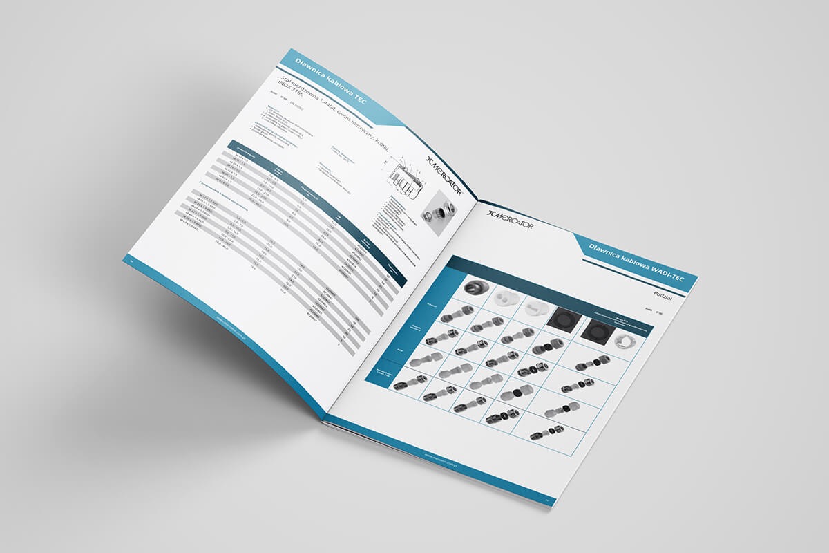 Otwarty katalog produktowy z dławnicami kablowymi TEC i WADI-TEC na białym tle, prezentujący specyfikacje i zdjęcia produktów firmy Mercator.