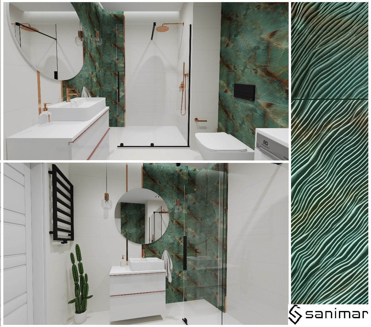 Wizualizacja nowoczesnej łazienki z zielono-złotymi płytkami o falistej strukturze, białymi sanitariatami i armaturą w odcieniach miedzi, z okrągłym lustrem i minimalistycznym oświetleniem.