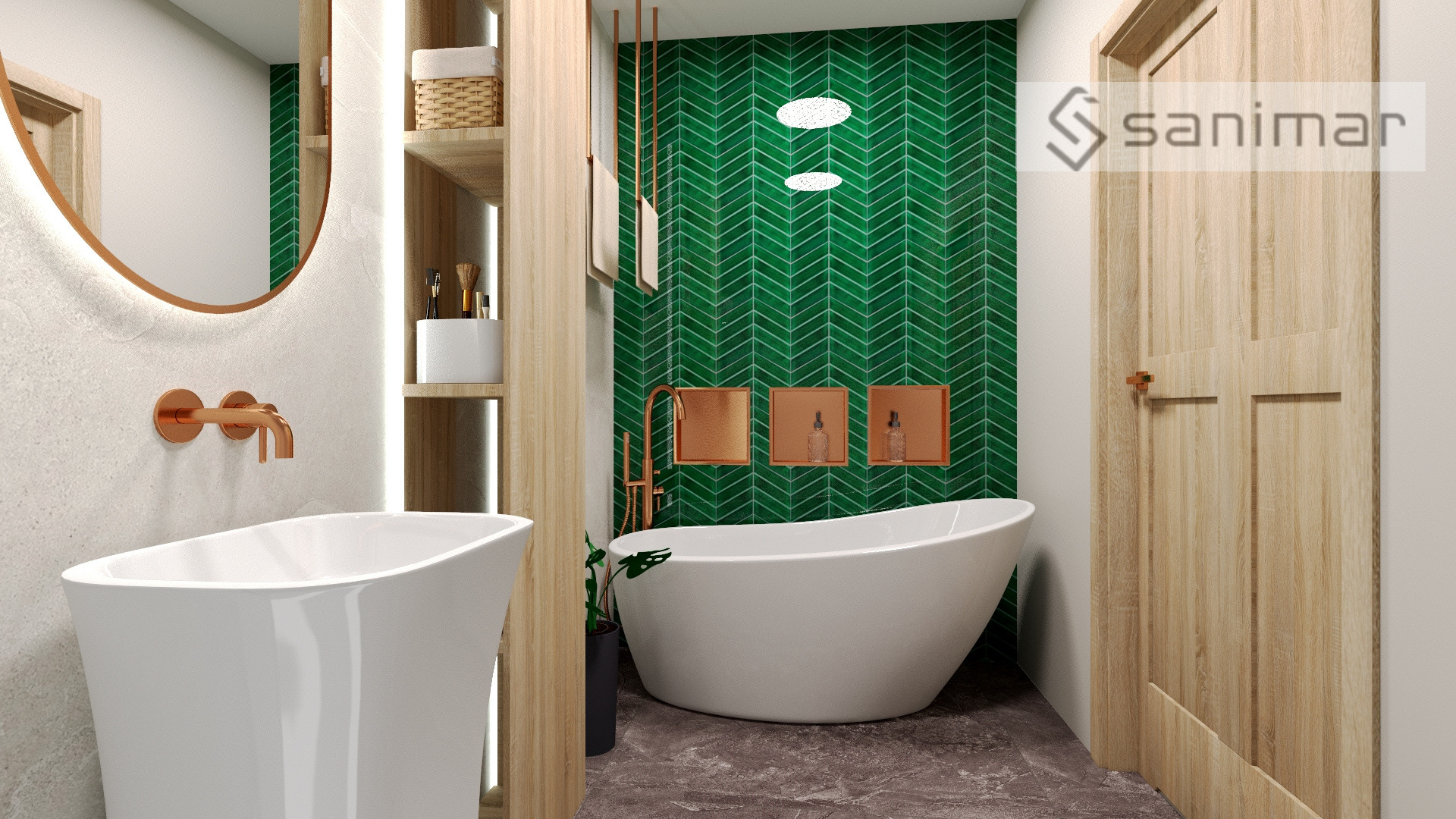 Wizualizacja nowoczesnej łazienki z zielonymi płytkami ułożonymi w jodełkę, wolnostojącą białą wanną, okrągłym lustrem z miedzianą obwódką i armaturą w kolorze miedzi.