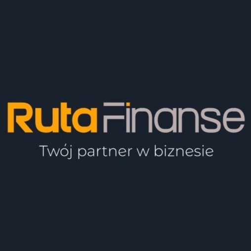 Logo Ruta Finanse na ciemnym tle z hasłem 'Twój partner w biznesie'. Żółto-szara kolorystyka, nowoczesny font.