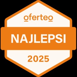 Pomarańczowa odznaka Oferteo 'Najlepsi 2025' na czarnym tle.