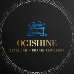 Logo firmy detailingowej z ikoną auta pokrytego pianą, nazwą 'OGISHINE' i napisem 'DETAILING - PRANIE TAPICEREK' na ciemnym tle z ozdobną ramką z kropek.