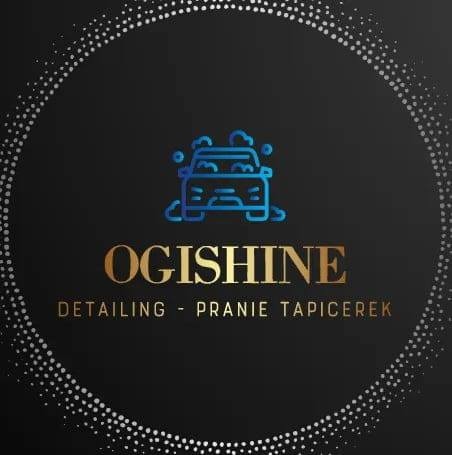 Logo firmy detailingowej z ikoną auta pokrytego pianą, nazwą 'OGISHINE' i napisem 'DETAILING - PRANIE TAPICEREK' na ciemnym tle z ozdobną ramką z kropek.