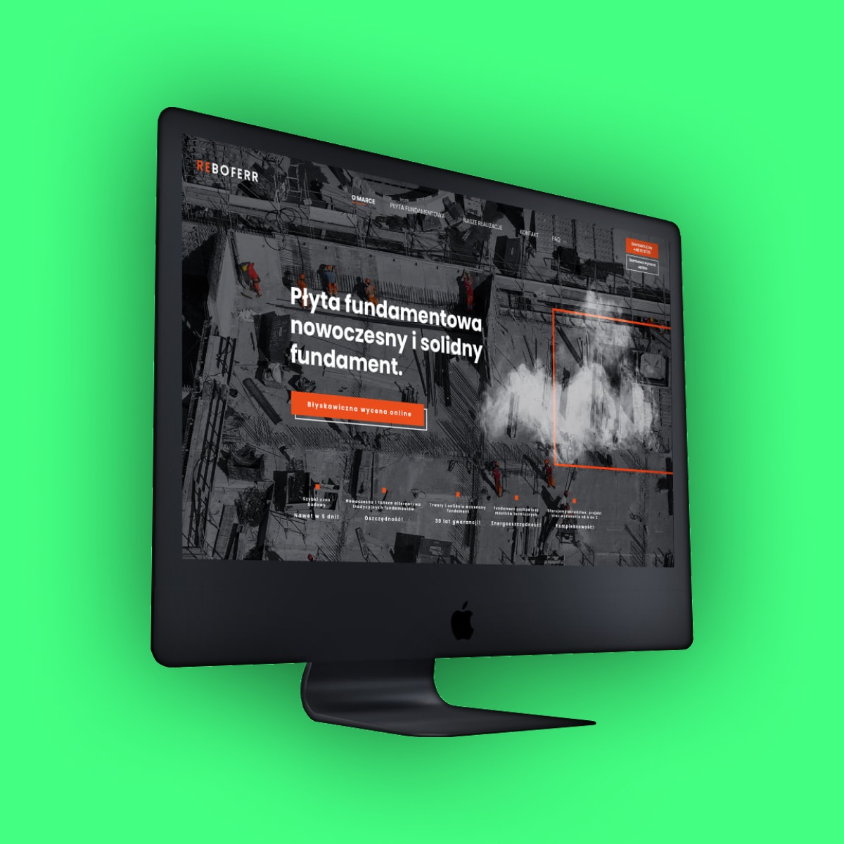 Ekran komputera iMac prezentujący stronę internetową firmy budowlanej z wizualizacją budowy płyty fundamentowej i hasłem 'Płyta fundamentowa nowoczesny i solidny fundament' na tle jaskrawozielonym.
