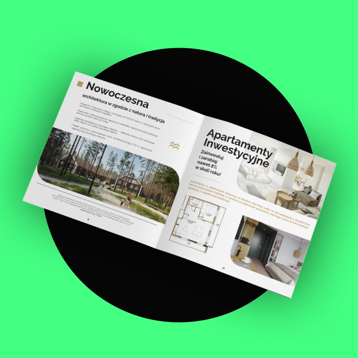 Rozkładówka broszury reklamowej z wizualizacjami apartamentów inwestycyjnych, prezentująca nowoczesną architekturę w harmonii z naturą, z planami mieszkań i informacją o potencjalnym zysku 8%...