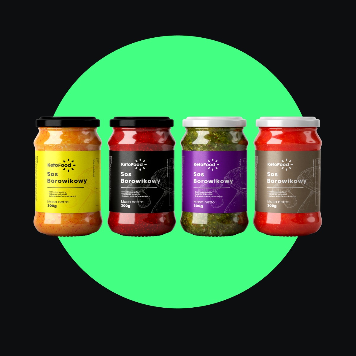 Cztery słoiki z sosem KetoFood o różnych kolorach i smakach (żółty, czerwony, zielony, pomidorowy) na czarnym tle z dużym, zielonym kołem w tle, prezentacja produktu.