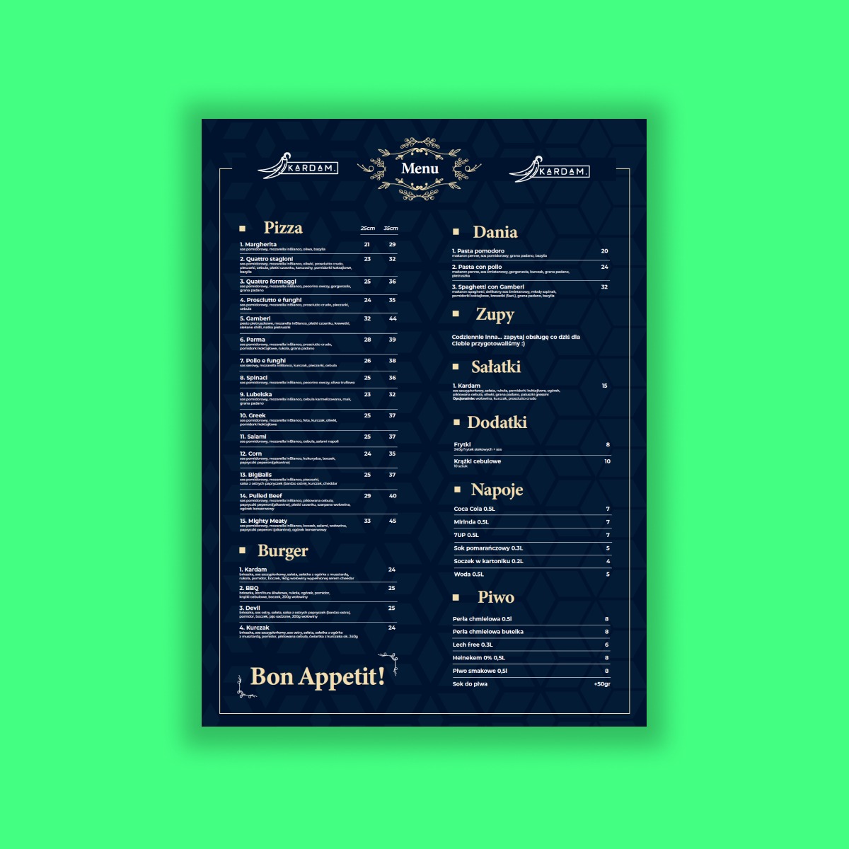 Eleganckie, dwukolumnowe menu restauracji z logo Kardam, prezentujące szeroki wybór dań, w tym pizze, dania główne, zupy, sałatki, dodatki, napoje i piwa, z cenami w złotych polskich.