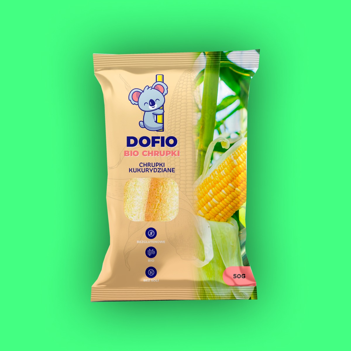 Grafika opakowania kukurydzianych chrupek bio z motywem koali na tle kukurydzy, prezentowana na jednolitym, jasnym zielonym tle.