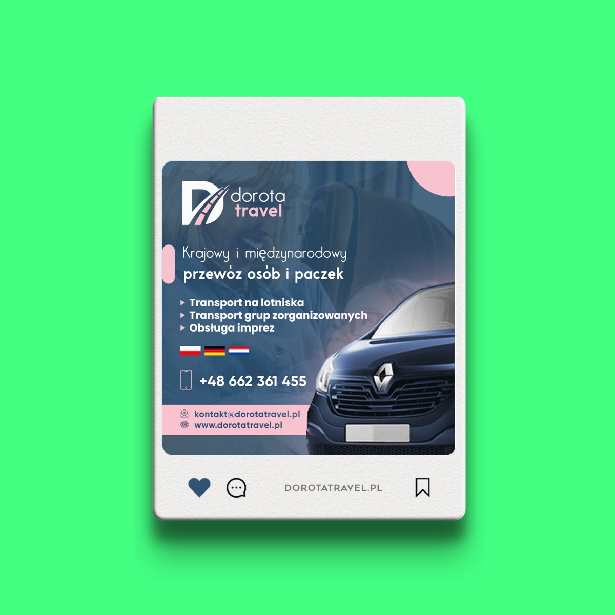 Grafika reklamowa firmy transportowej Dorota Travel, prezentująca ofertę przewozu osób i paczek, z widocznym vanem Renault i danymi kontaktowymi.