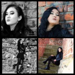 Cztery kadry z sesji portretowej młodej kobiety w czarnej skórzanej kurtce, na tle ceglanej ściany i schodów, w tym ujęcie czarno-białe z logo fotografa.