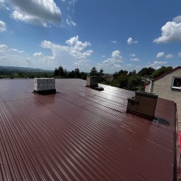 4Invest - Czerwony dach z blachy trapezowej, trzy kominy, widok na okolicę w słoneczny dzień.