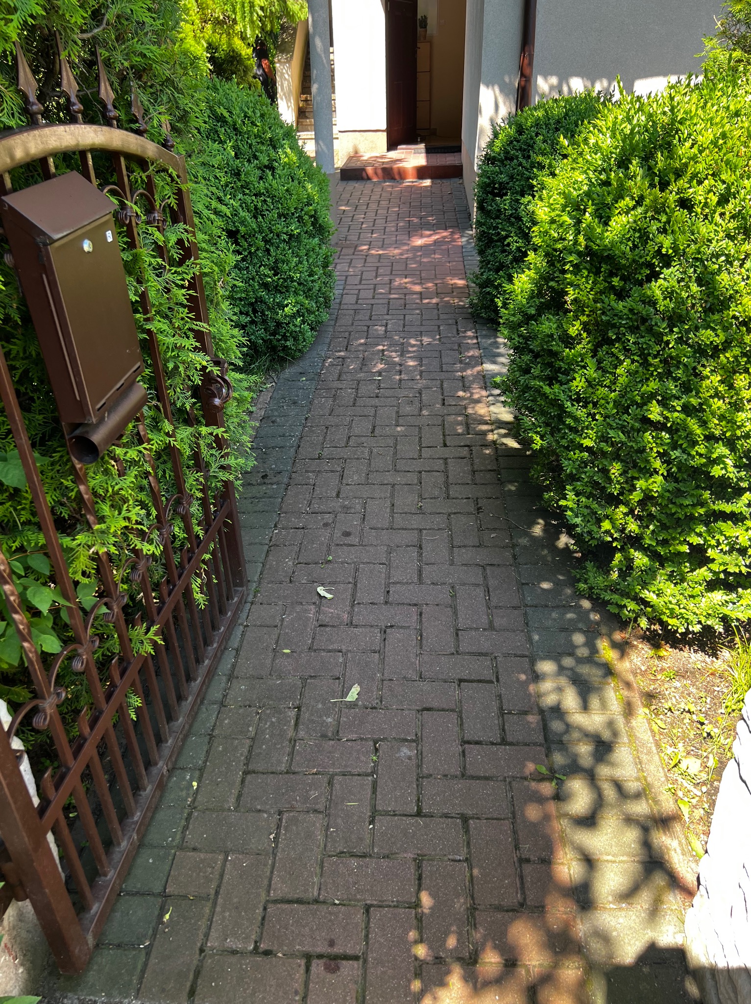 Brukowana ścieżka prowadząca do domu, otoczona zadbanymi krzewami i żelazną bramką z brązową skrzynką na listy po lewej stronie.