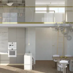 Wnętrze mieszkania z antresolą, widok na szarą kuchnię z marmurowym blatem, stół jadalny z owocami i szklany żyrandol kulisty, na antresoli regał z książkami i roślinami.