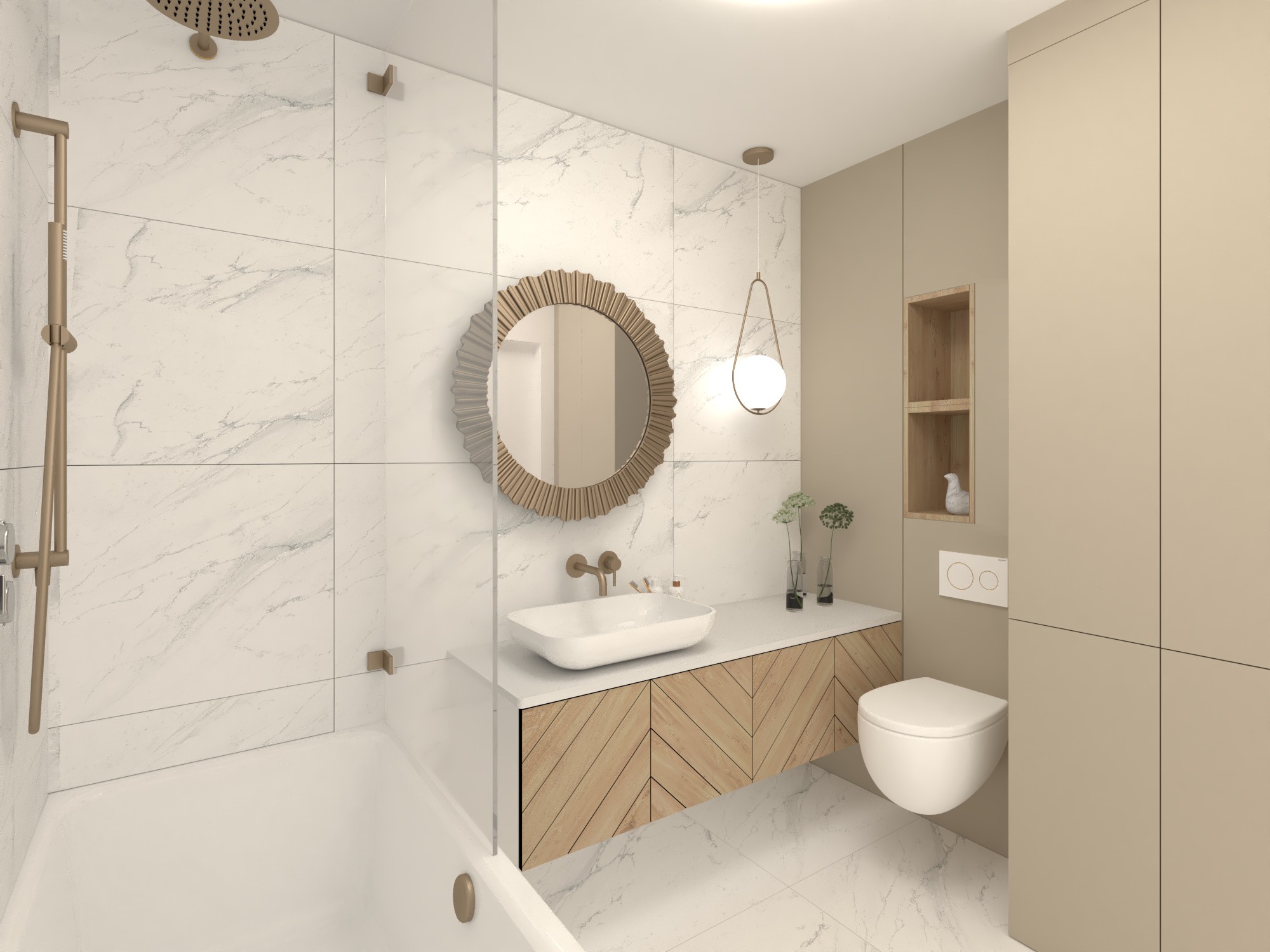 Wizualizacja łazienki z wanną, marmurowymi płytkami, okrągłym lustrem w ozdobnej ramie, wiszącą szafką z drewnianymi frontami w jodełkę oraz wiszącą toaletą.