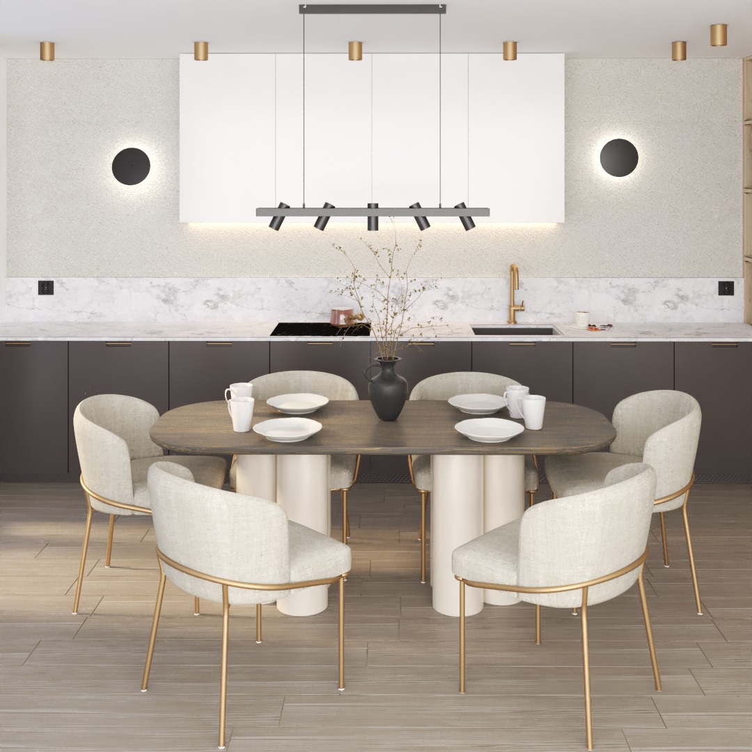 Nowoczesna jadalnia z owalnym stołem na białych, kolumnowych nogach, otoczonym tapicerowanymi krzesłami z metalowymi, złotymi nogami. Nad stołem lampa sufitowa z reflektorami. W tle zabudowa...