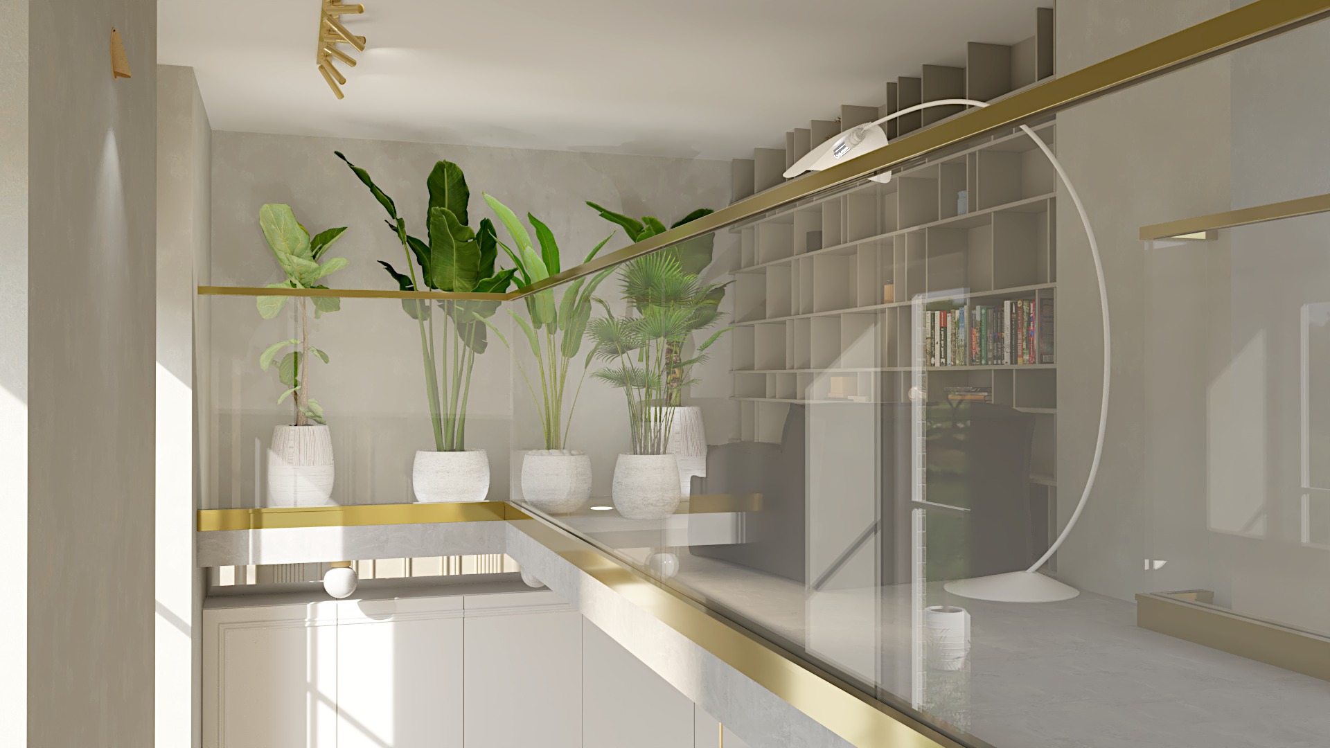 Wizualizacja wnętrza z roślinami doniczkowymi w białych osłonkach, szklaną balustradą z elementami w kolorze złota, regałem na książki i lampą łukową w tle.