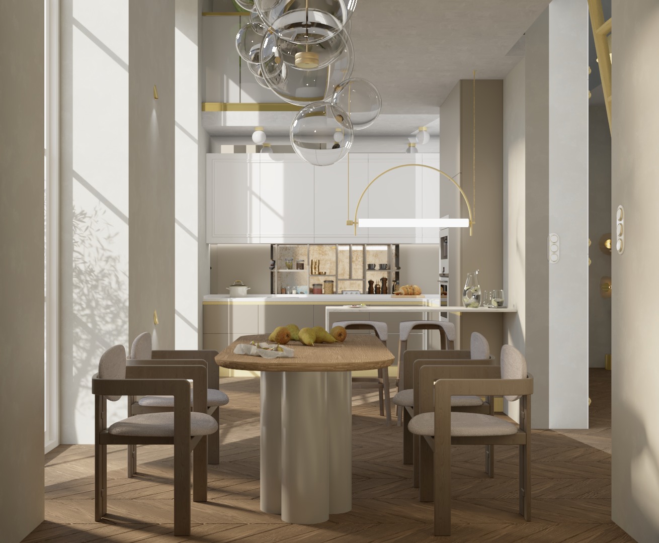 Jasna, przestronna jadalnia z otwartą kuchnią w stylu minimalistycznym. Na drewnianym stole o okrągłym blacie leżą gruszki. Nad stołem zwisają szklane, kuliste lampy. W tle widoczna zabudowa...