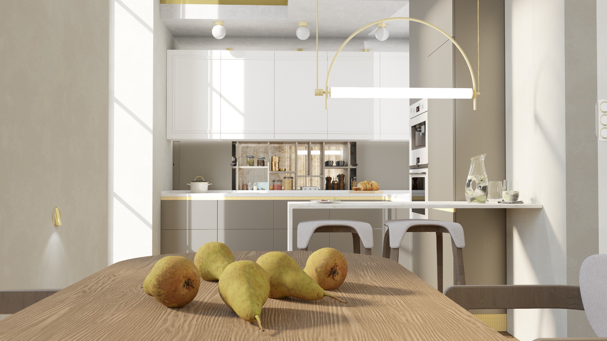 Nowoczesna kuchnia w neutralnych barwach z białymi szafkami i drewnianym stołem, na którym leżą gruszki. Oświetlenie punktowe i minimalistyczne dodatki.