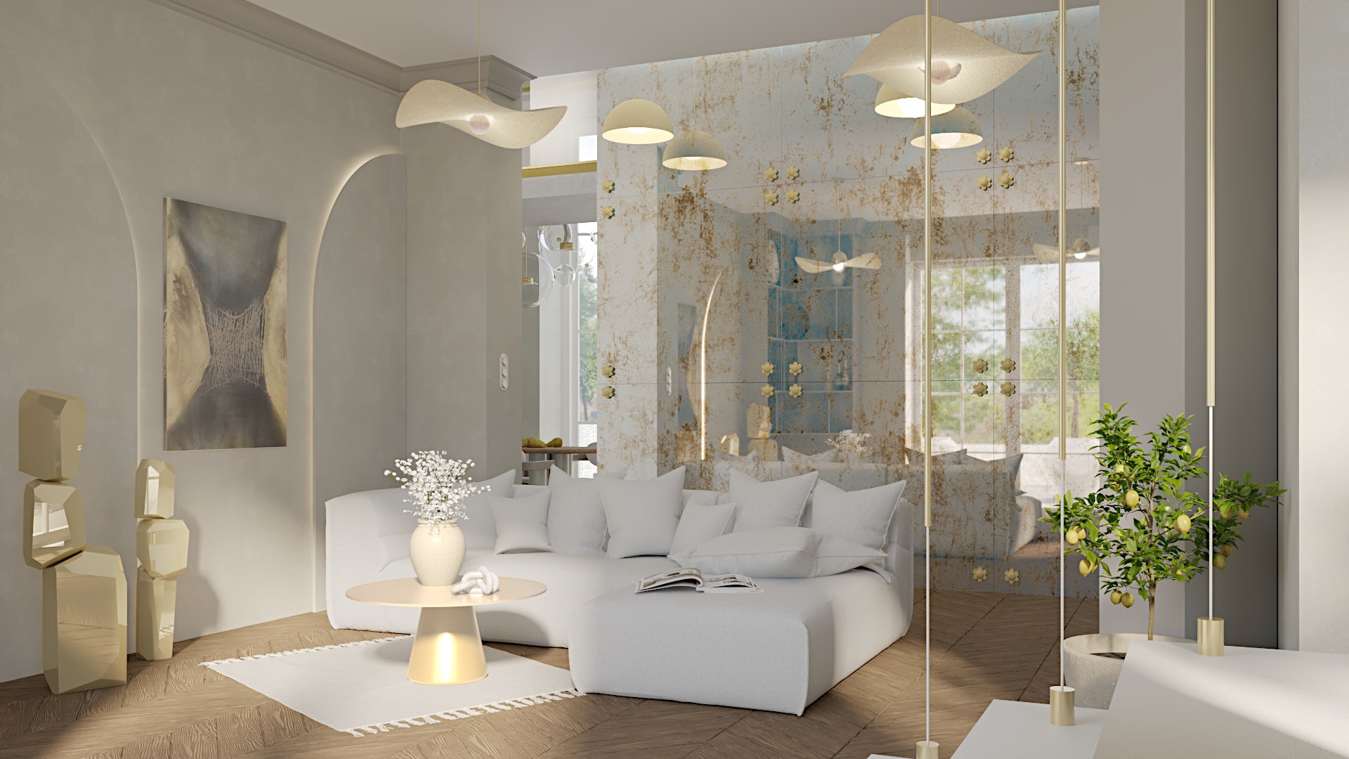 Wnętrze salonu z białym narożnikiem, stolikiem kawowym z oświetleniem od dołu, abstrakcyjnym obrazem na ścianie i dekoracyjnymi figurami geometrycznymi w kolorze złota, oddzielonego od reszty...