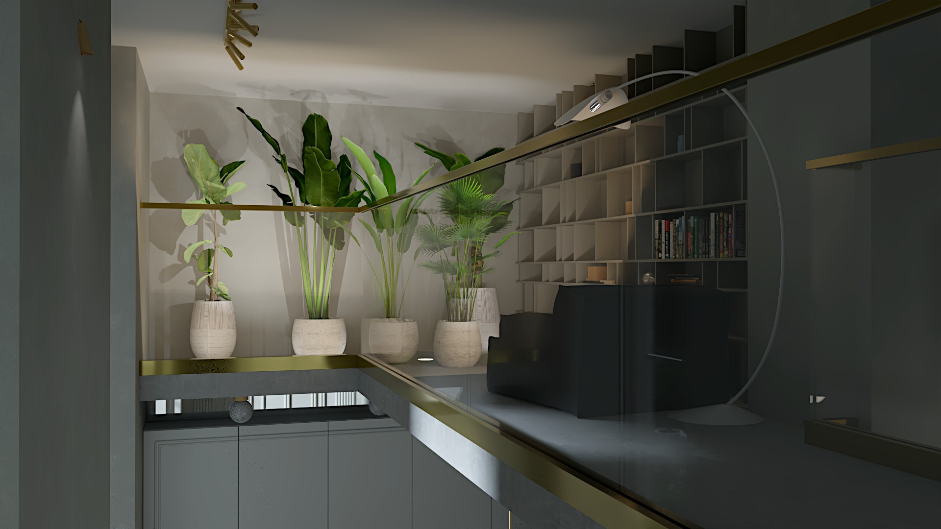 Wizualizacja wnętrza z roślinami doniczkowymi w jasnych osłonkach, szare szafki pod nimi, regał na książki w tle i nowoczesne oświetlenie.