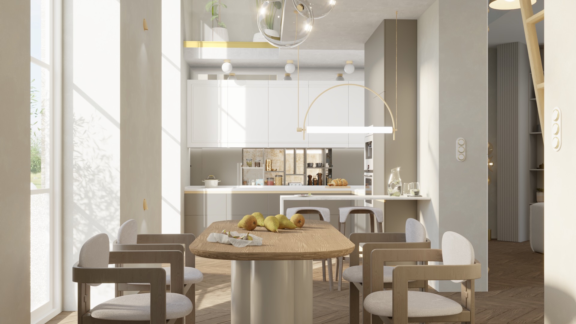 Jasna jadalnia z drewnianym stołem, na którym leżą gruszki, oraz krzesłami z jasną tapicerką. W tle widoczna kuchnia z białymi szafkami i złotymi akcentami oraz schody drabinkowe.
