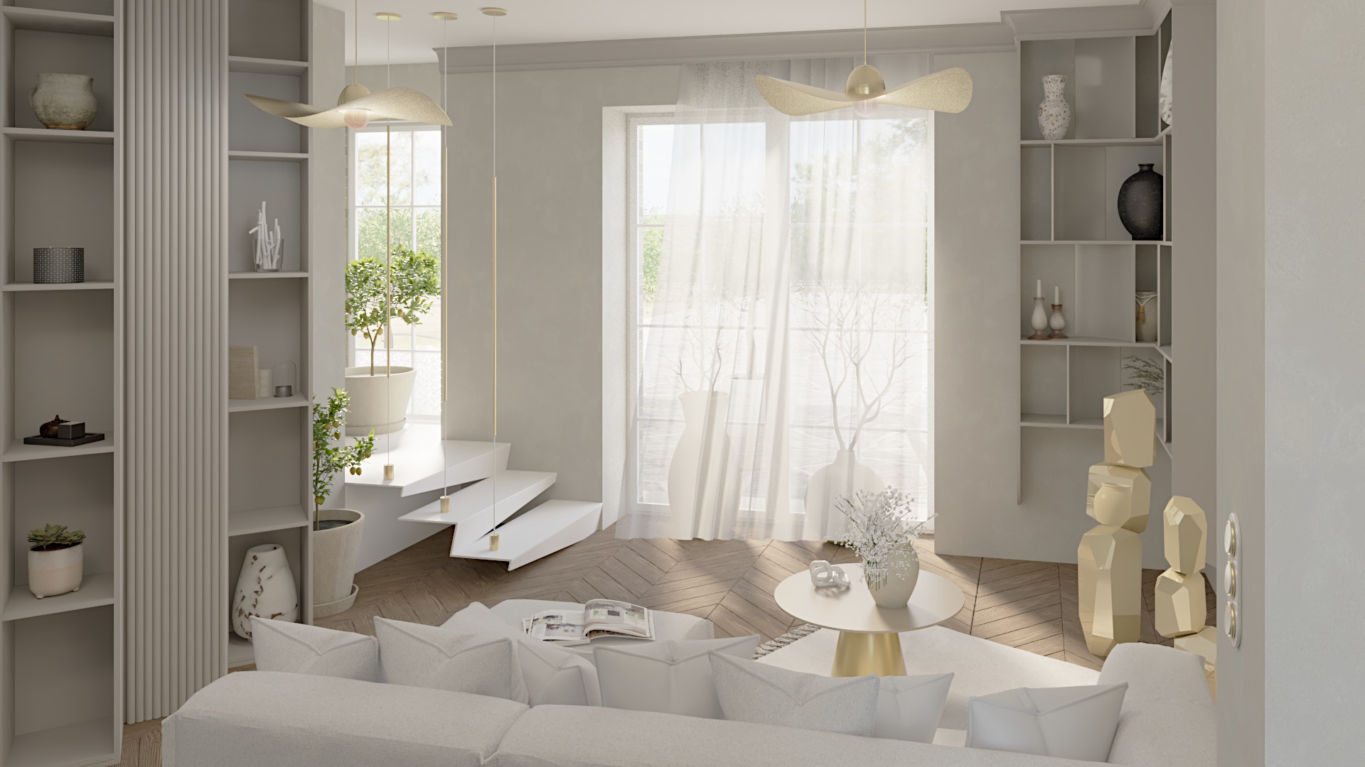 Jasne, przestronne wnętrze z białym narożnikiem, drewnianą podłogą w jodełkę, schodami i wysokimi oknami z firanami. Designerskie lampy wiszące w kolorze złota i regały z dekoracjami.