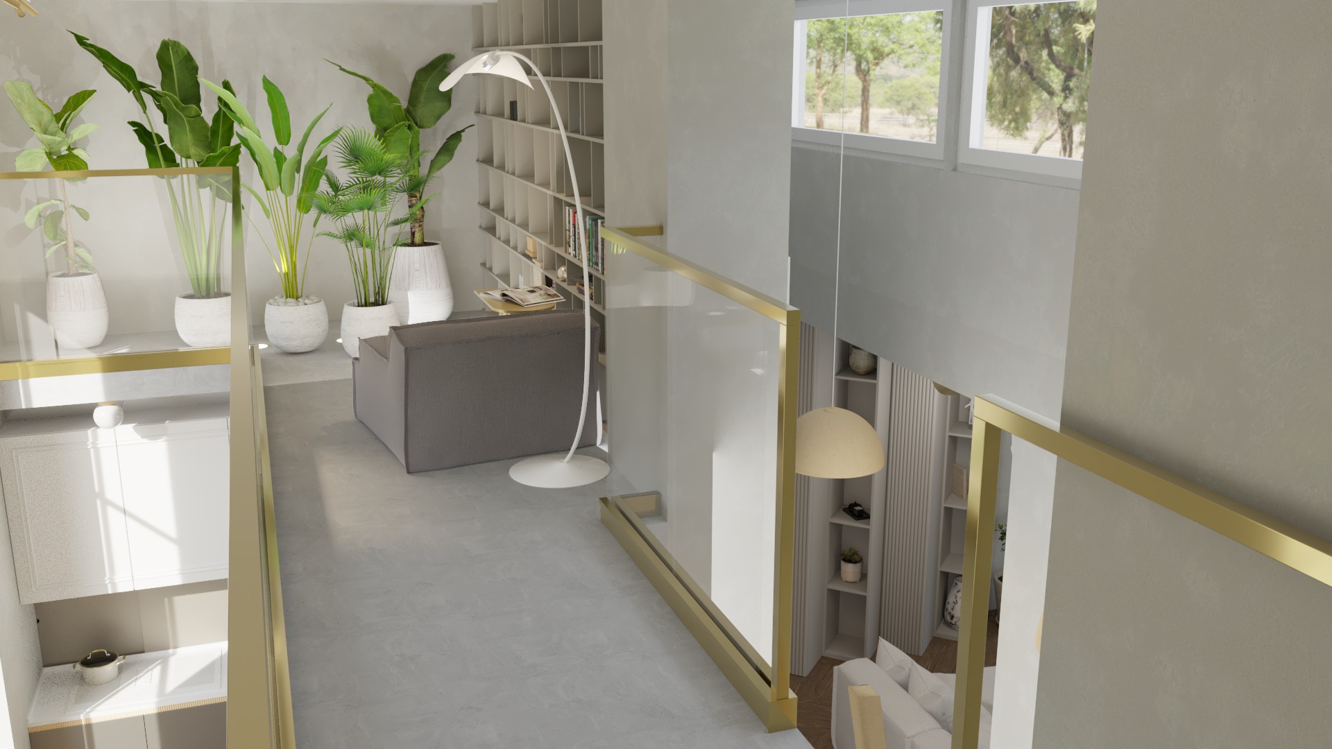 Dwupoziomowe wnętrze domu z widokiem z góry na salon, z szarą sofą, regałem z książkami, lampą łukową i roślinami doniczkowymi w białych osłonkach.