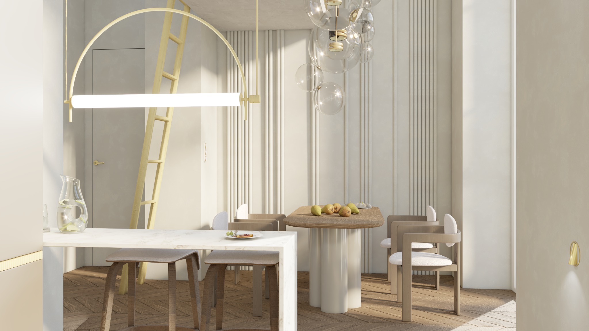 Jasne wnętrze jadalni w Ciechanowie z dwoma stołami: marmurowym blatem na drewnianych nogach i okrągłym drewnianym stołem na białej kolumnowej podstawie, oświetlone nowoczesną lampą i szklanym...