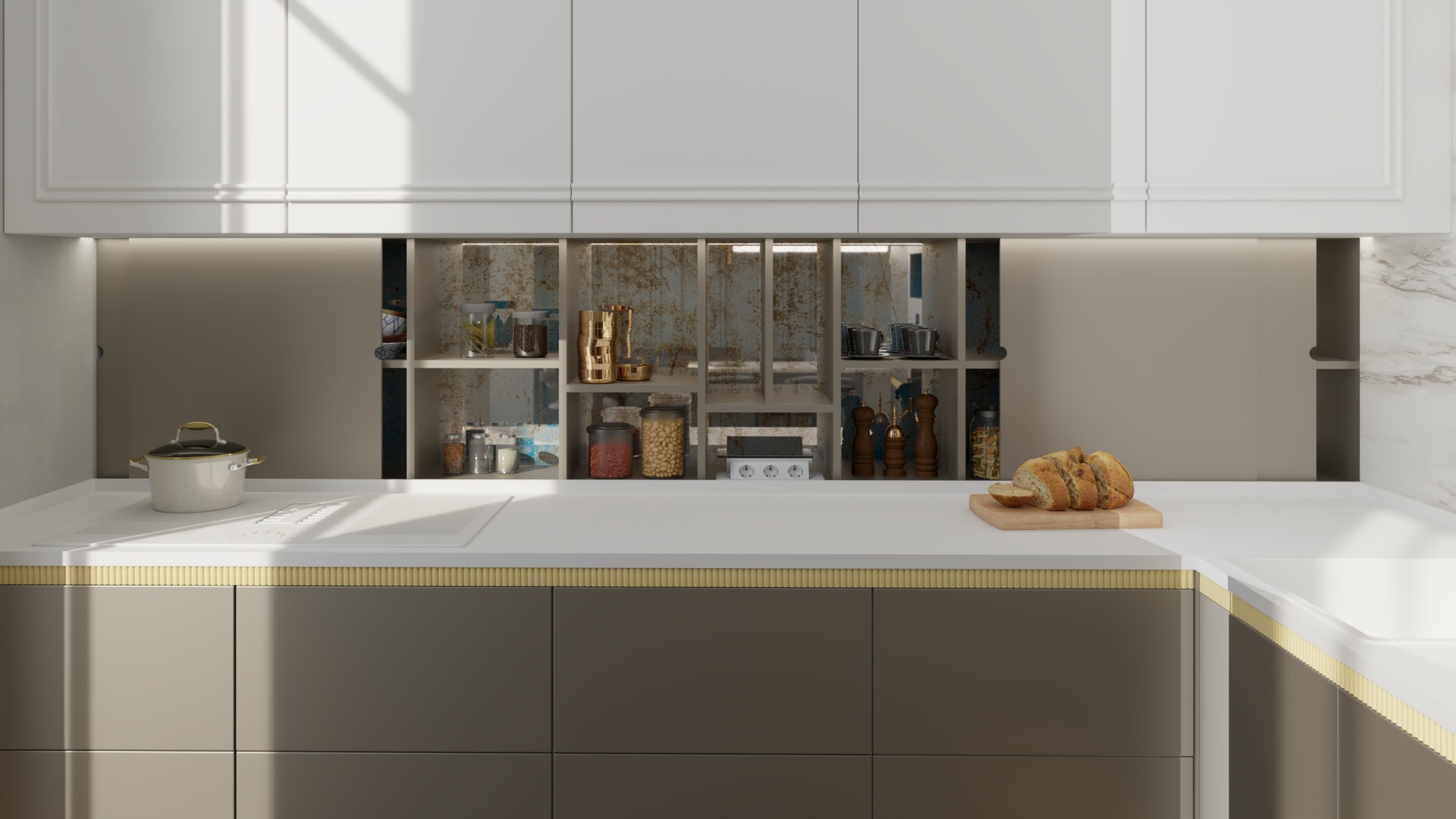 Nowoczesna kuchnia z szarymi szafkami, białym blatem i otwartymi półkami z dekoracyjnymi przedmiotami, z chlebem na desce do krojenia.