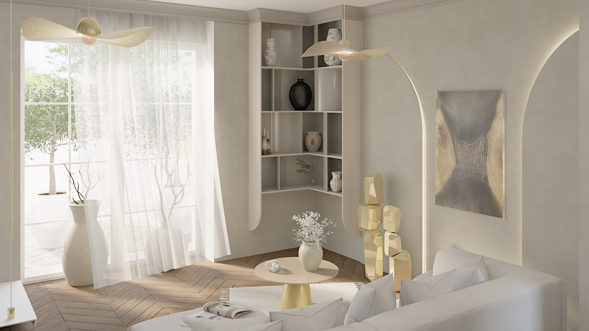 Jasne wnętrze salonu w odcieniach beżu i bieli z parkietem w jodełkę, narożną biblioteczką z dekoracyjnymi wazonami, lampą podłogową w kształcie liścia, abstrakcyjnym obrazem i sofą z poduszkami.
