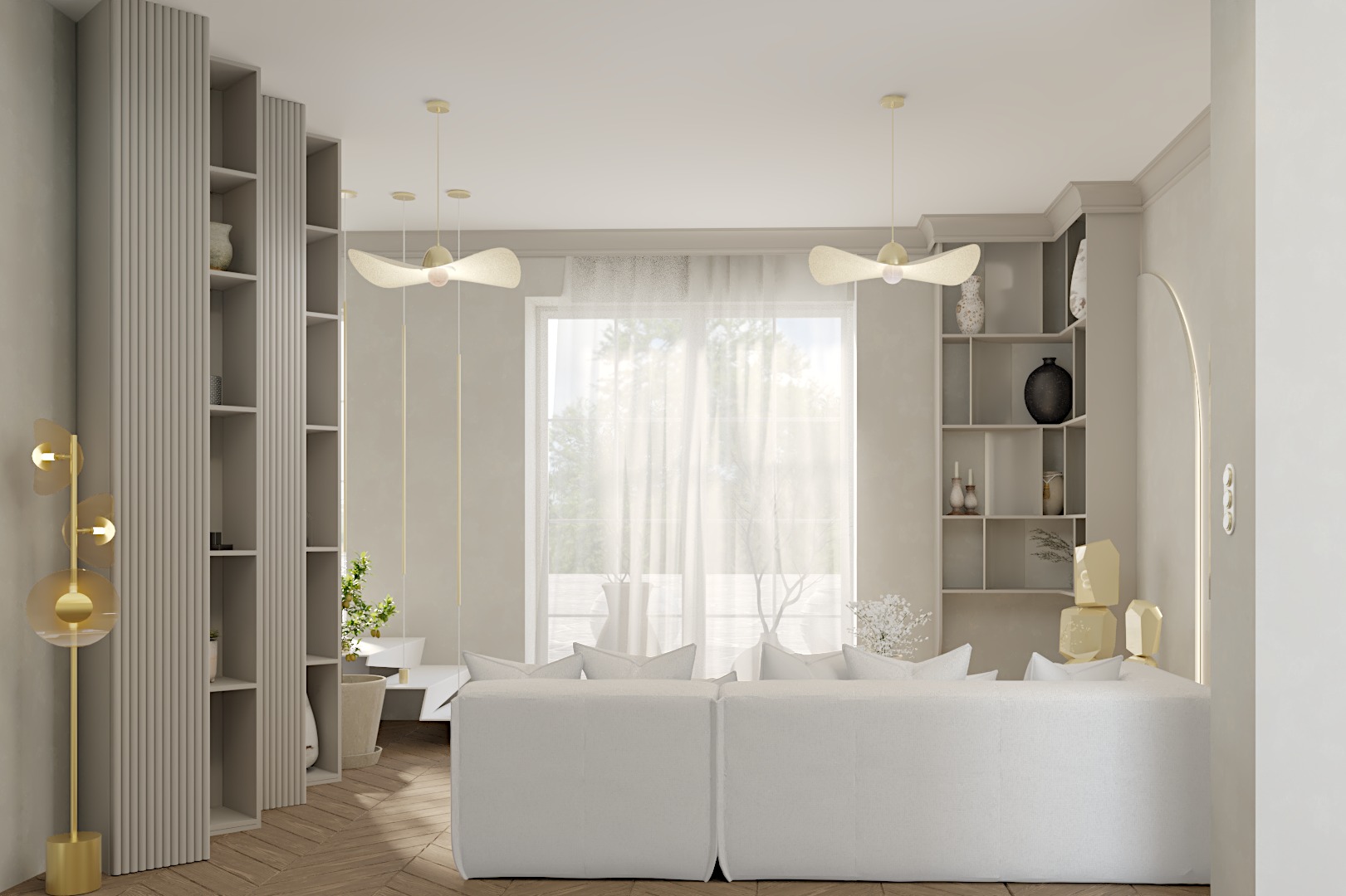 Jasne wnętrze salonu z białym narożnikiem, drewnianą podłogą i półkami w zabudowie, oświetlone wiszącymi lampami w kształcie wachlarzy.