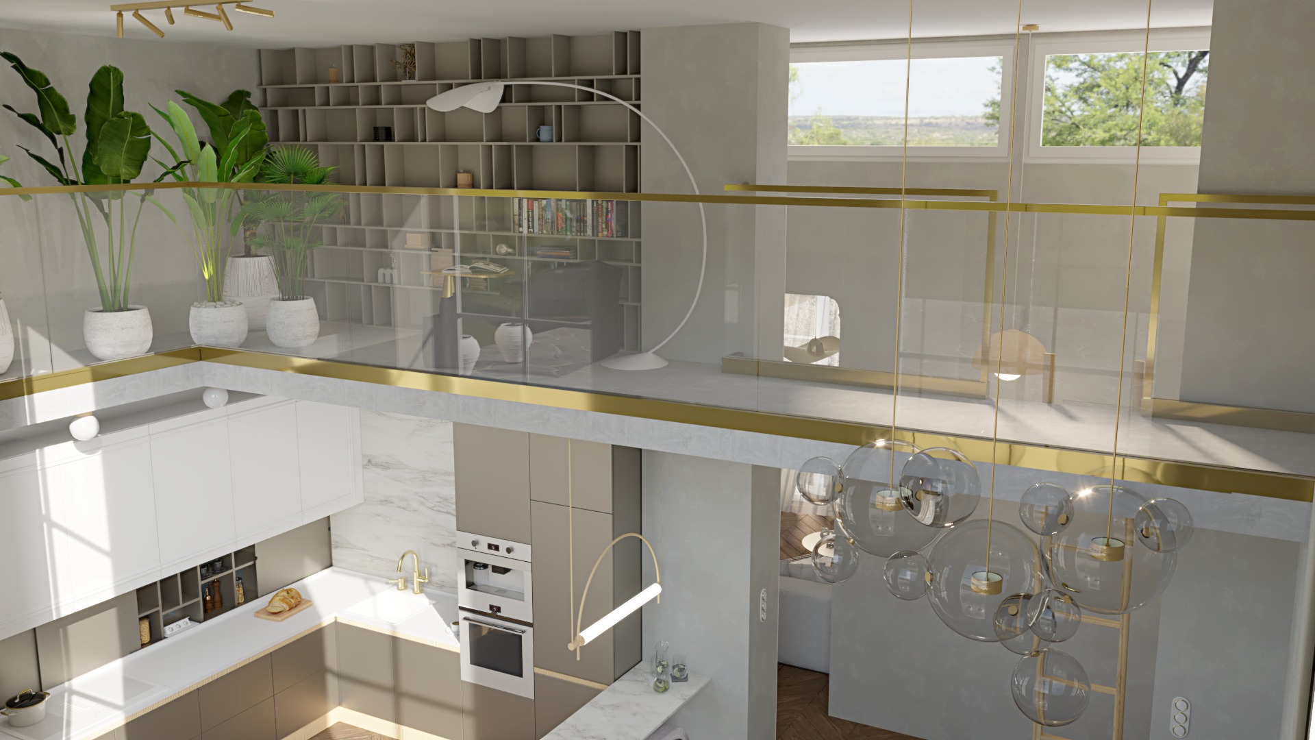 Wnętrze dwupoziomowego mieszkania z antresolą, widok z góry na kuchnię z marmurowym blatem, białe szafki i zabudowane sprzęty, na antresoli rośliny doniczkowe i regał z książkami, oświetlenie...