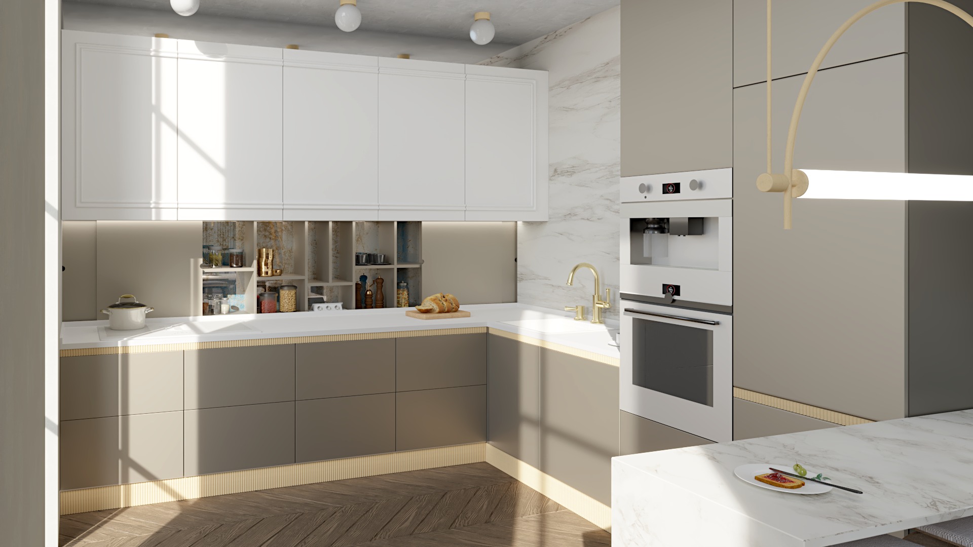 Nowoczesna kuchnia w odcieniach szarości i bieli z drewnianą podłogą w jodełkę, złotą armaturą i oświetleniem, oraz wysuwanymi szafkami odsłaniającymi półki z przyprawami i naczyniami.
