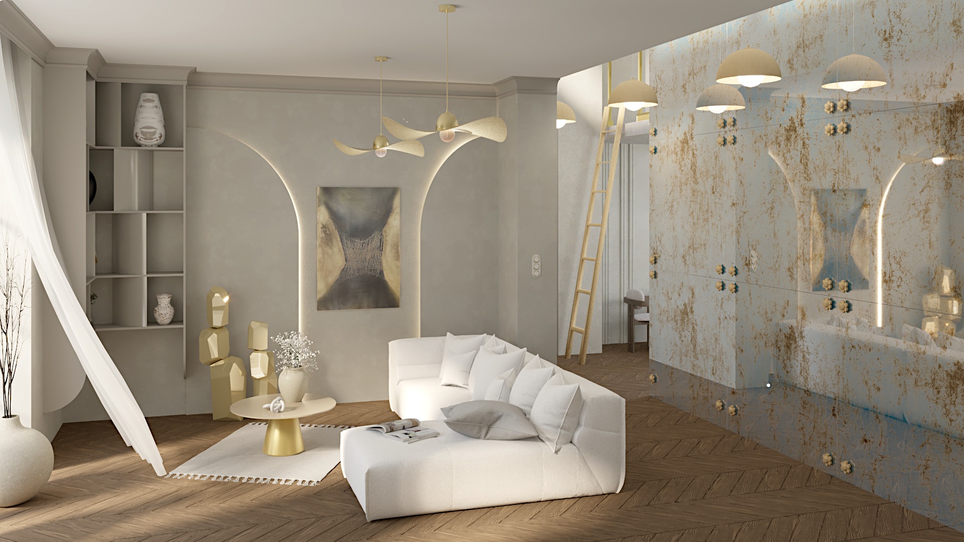 Elegancki salon z białym narożnikiem, drewnianą podłogą w jodełkę i dekoracyjną ścianą z efektem postarzanego lustra, oświetlony wiszącymi lampami w stylu art deco.