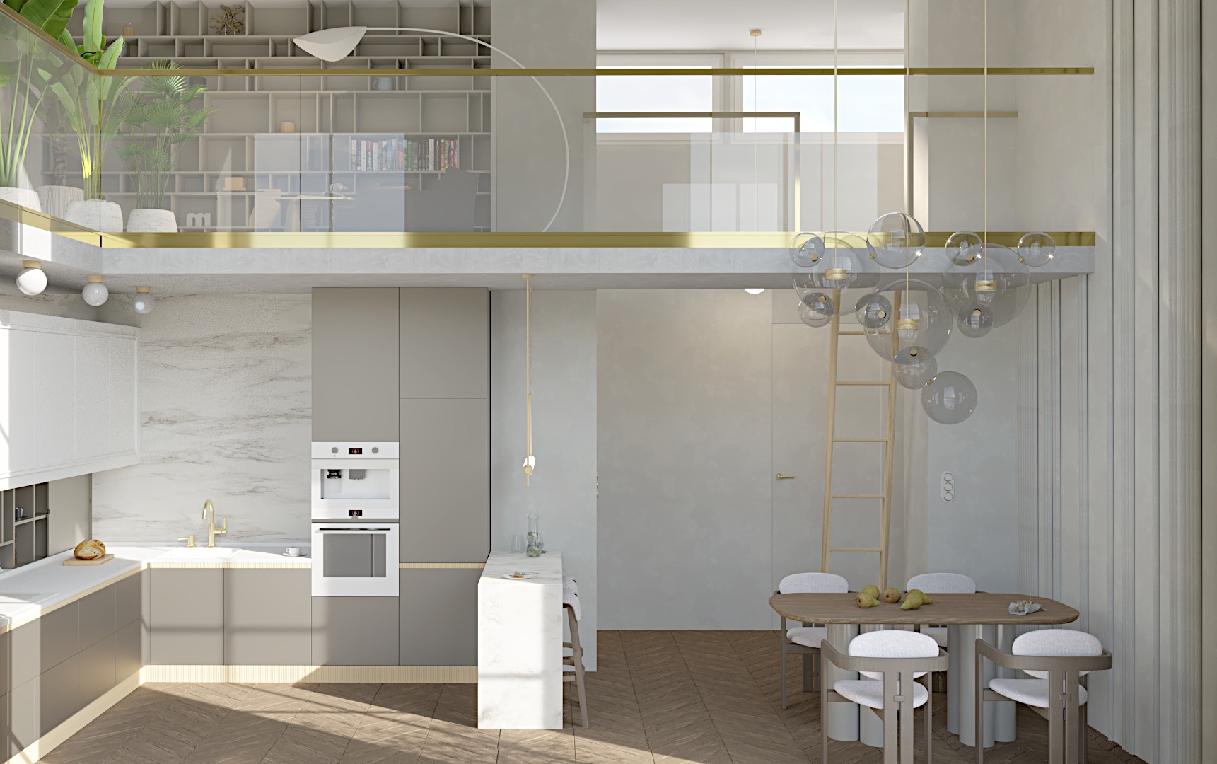 Wnętrze mieszkania z antresolą, widok na szarą kuchnię z marmurowym blatem, stół jadalny z owocami i szklany żyrandol kulisty, na antresoli regał z książkami i roślinami.