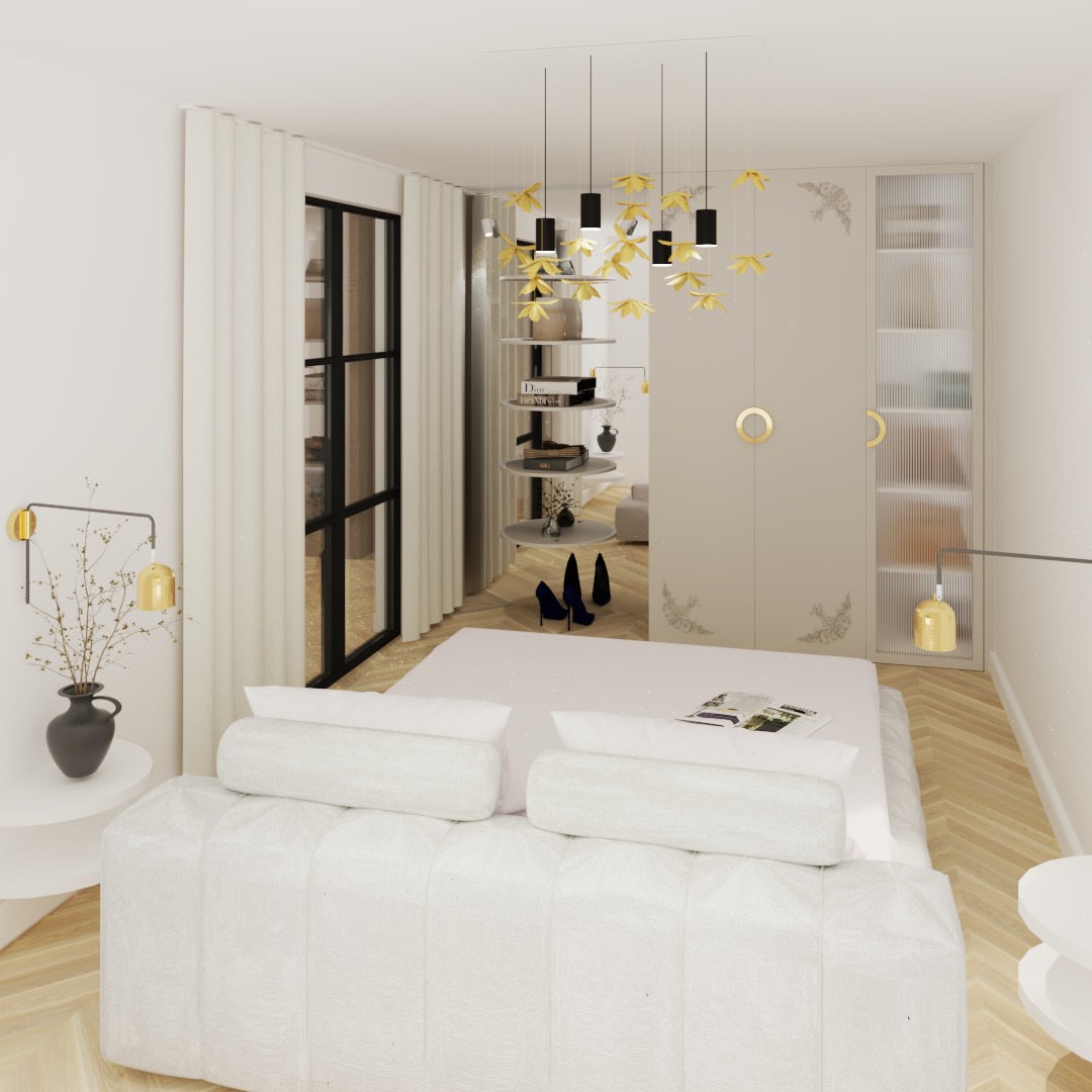 Wizualizacja sypialni w jasnych barwach z łóżkiem z białym zagłówkiem, okrągłymi szafkami nocnymi, dekoracyjną lampą wiszącą z motywem kwiatowym, garderobą z ornamentami i regałem z półkami...