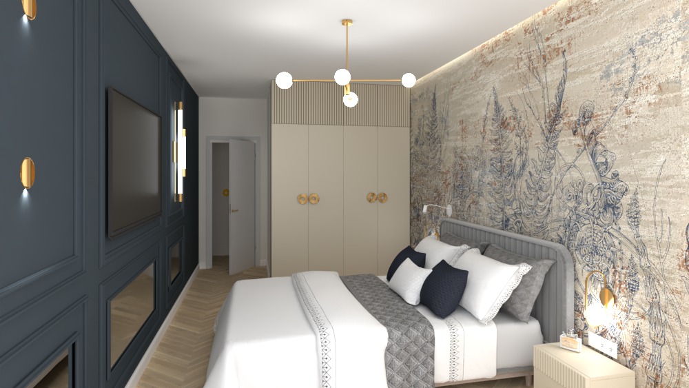 Wizualizacja sypialni z łóżkiem, szafą w zabudowie z dekoracyjnymi uchwytami, ścianą z panelami w kolorze granatowym z oświetleniem punktowym oraz tapetą z motywem roślinnym w odcieniach beżu...