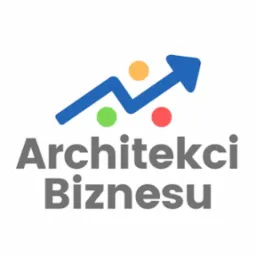 Logo firmy Architekci Biznesu z niebieską strzałką skierowaną w górę i trzema kolorowymi kropkami (zielona, pomarańczowa, czerwona).
