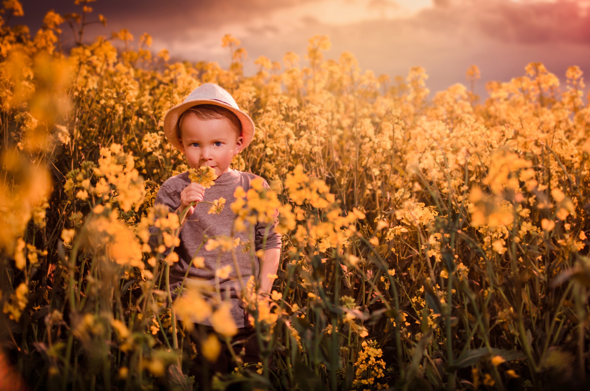 Chłopiec w słomkowym kapeluszu stoi w polu kwitnącego rzepaku, trzymając w ręku pojedynczy kwiat, z delikatnym uśmiechem na twarzy i spojrzeniem skierowanym w obiektyw.