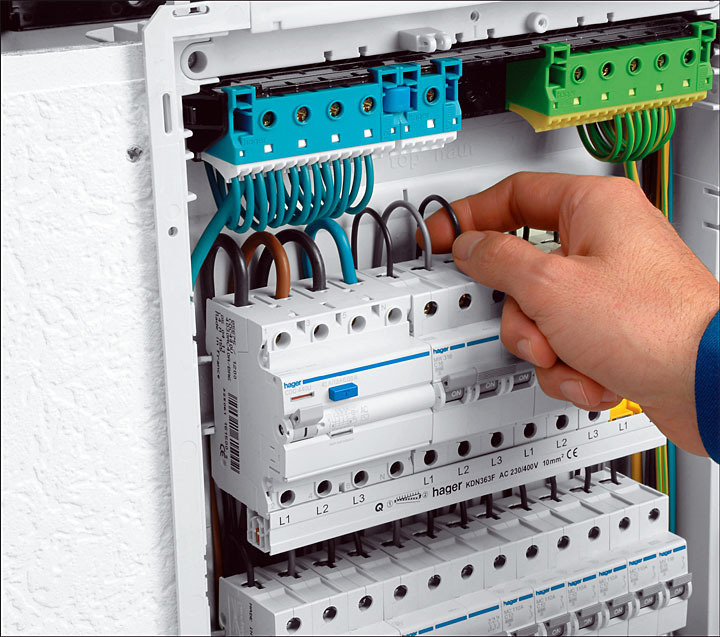 Instalacja elektryczna: ręka montera podłącza przewody do bezpieczników Hager w rozdzielnicy, widoczne oznaczenia L1, L2, L3.