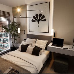 Projekt wnętrza sypialni wraz z układem funkcjonalnym i wizualizacją