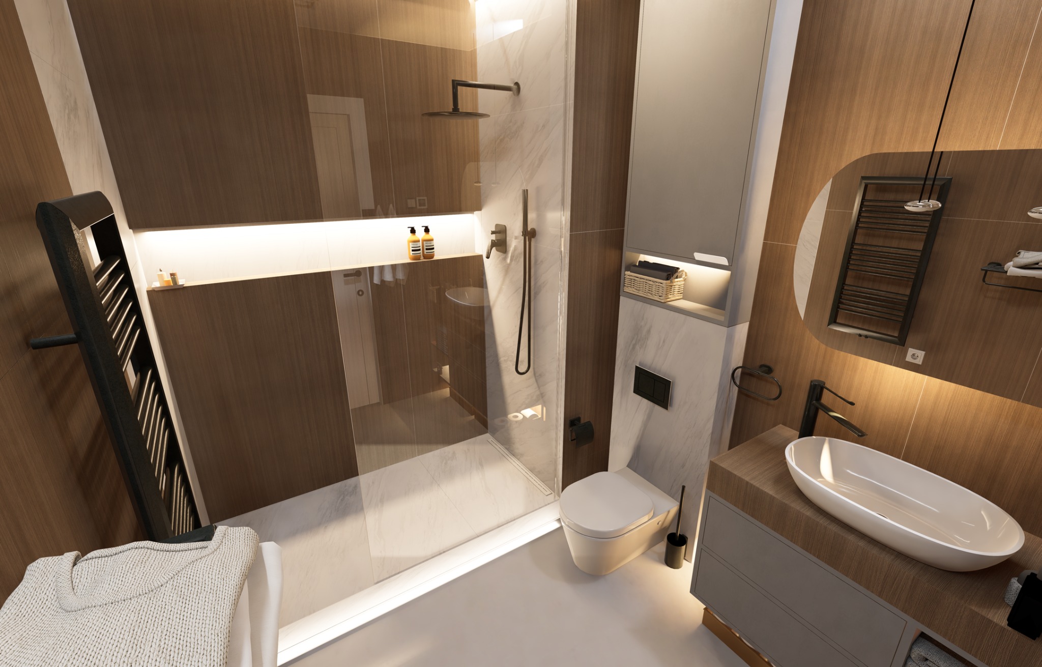 Projekt wnętrza łazienki wraz z układem funkcjonalnym i wizualizacją