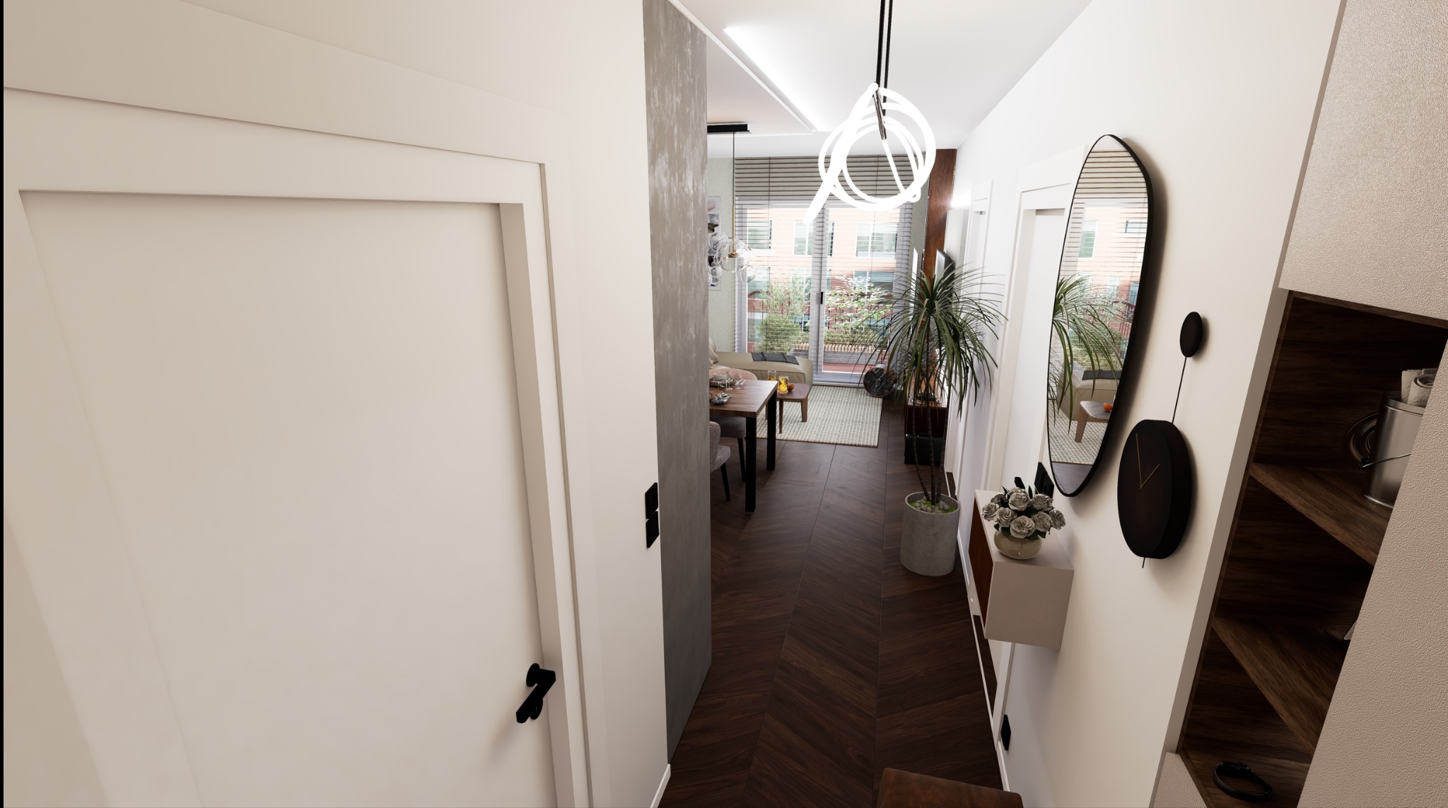 Projekt wnętrza korytarza wraz z układem funkcjonalnym i wizualizacją