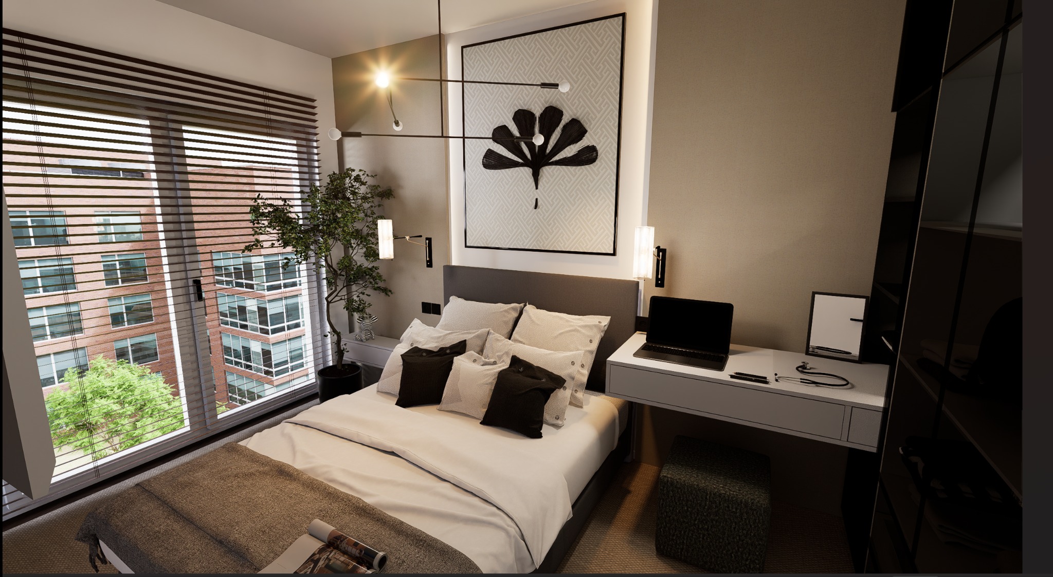 Projekt wnętrza sypialni wraz z układem funkcjonalnym i wizualizacją