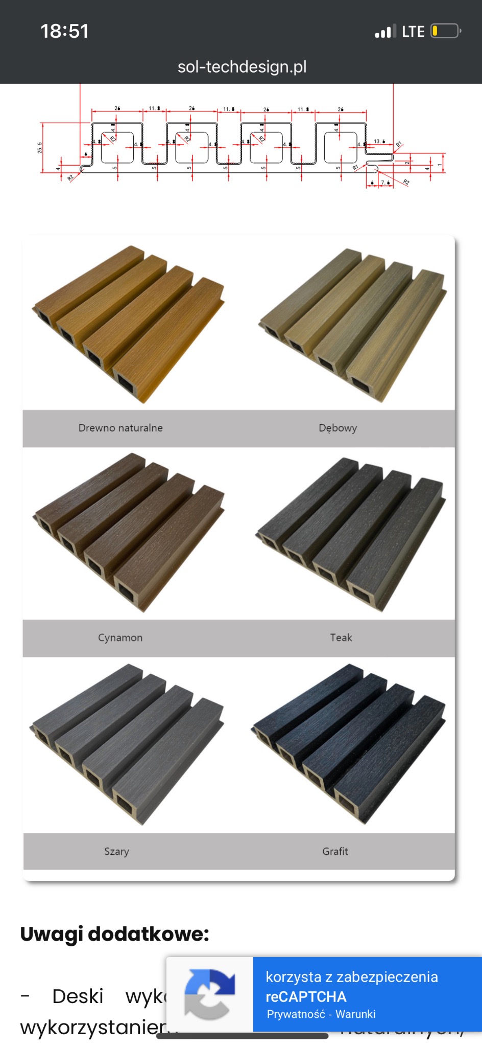 Paleta kolorów i wzorów dekoracyjnych paneli ściennych, widoczne przekroje poprzeczne i schemat techniczny z wymiarami.