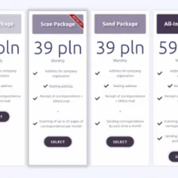 Porównanie czterech pakietów usług z różnymi cenami i cechami, w tym adres do rejestracji firmy, adres korespondencyjny i odbiór korespondencji.