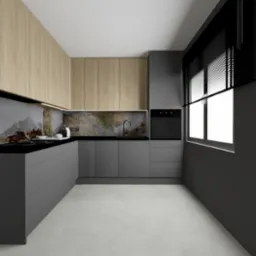Wizualizacja nowoczesnej kuchni w odcieniach szarości i drewna, z czarnym blatem i oryginalnym panelem ściennym imitującym kamień, oświetlona listwą LED pod szafkami wiszącymi, z widocznym oknem...